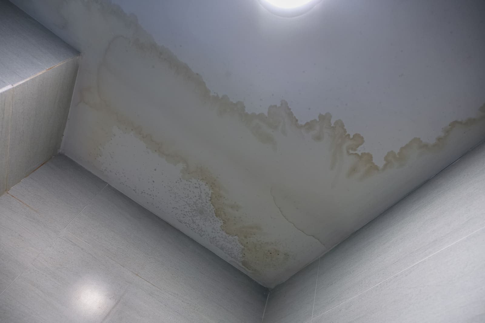 A water-stained ceiling after a leak from above