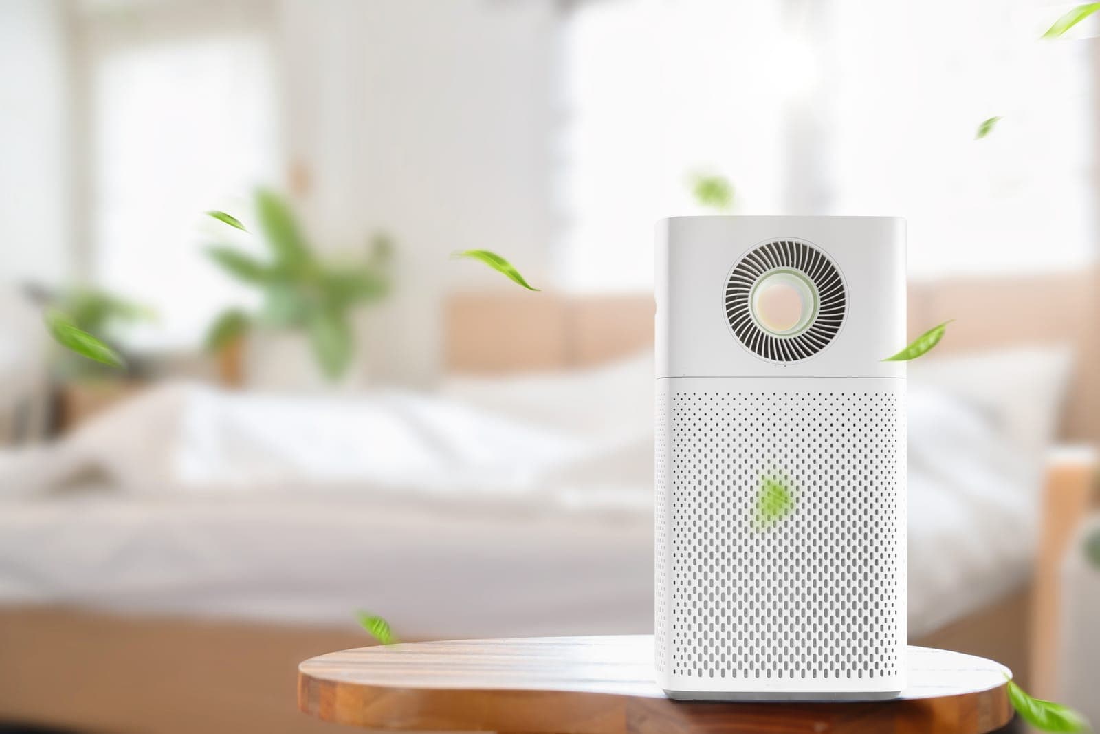 An air purifier running in a clean, bright home interior