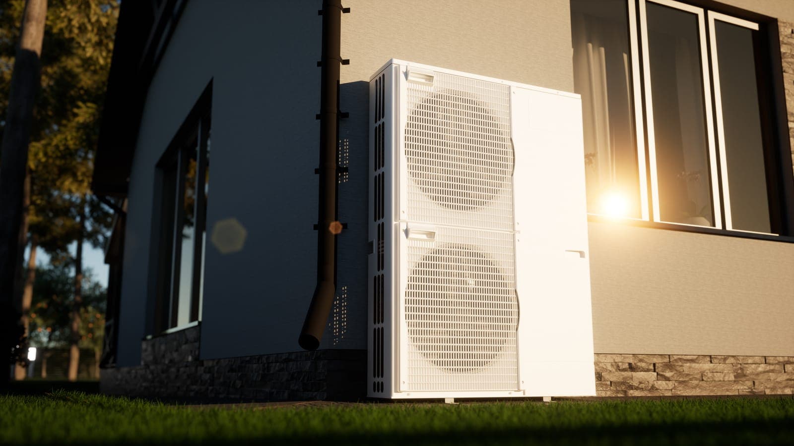 A modern efficient heat pump installed outside a contemporary home