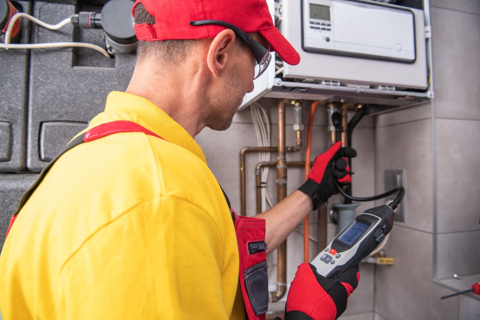 A technician inspecting a heating appliance with a digital instrument