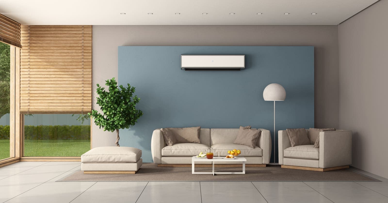 A bright modern living room with a wall-mounted air conditioner